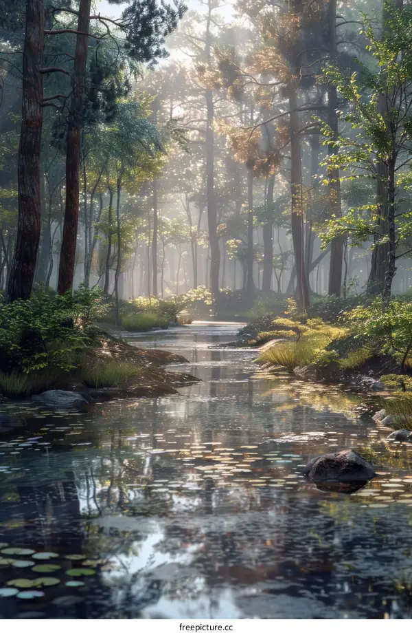 Sunlit Forest River Reflection