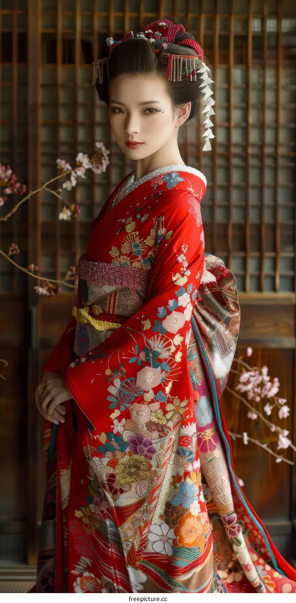 A Japanese woman wearing a red kimono with floral patterns