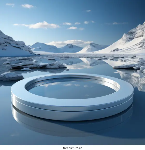 Futuristic Frozen Lake with a Floating Metal Ring