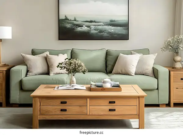 Modern Living Room with Green Sofa and Wooden Coffee Table