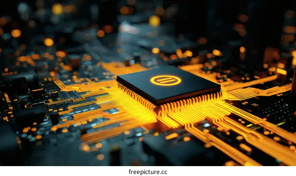 High-Tech Circuit Board with Illuminated Chip