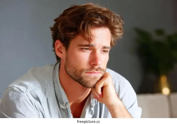 A young man with casual appearance sitting and looking thoughtful