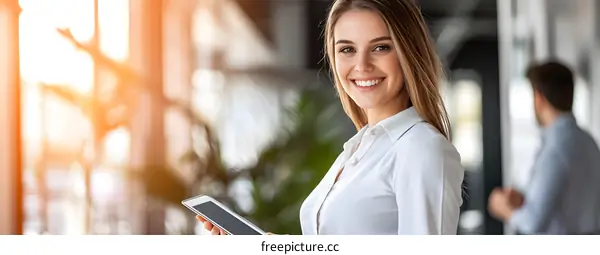 Smiling Businesswoman Holding Tablet in Office