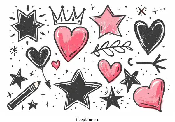 Various hand drawn hearts, stars, crown, arrow, branch and pencil