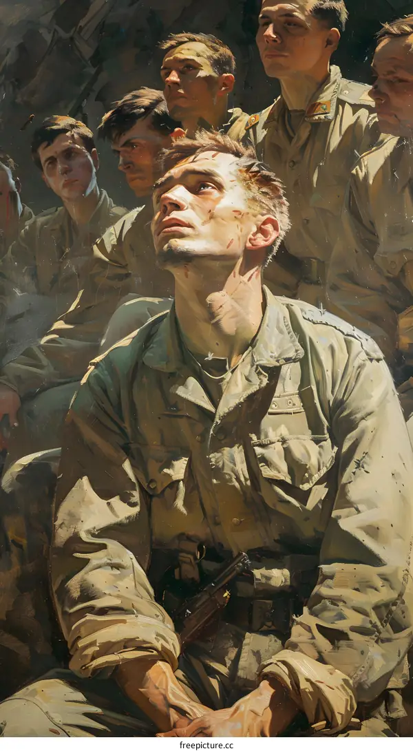 The  War  Oil  Painting  of  Soldiers  Looking  Upward