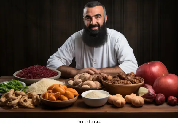 Middle Eastern man with a long beard is sitting at a table full of food.