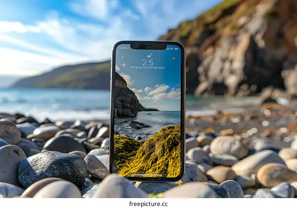 Smartphone on Pebble Beach with Sea View