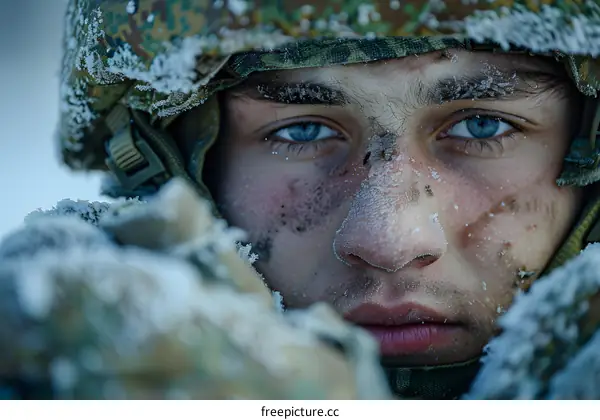 Portrait of a young soldier in the snow