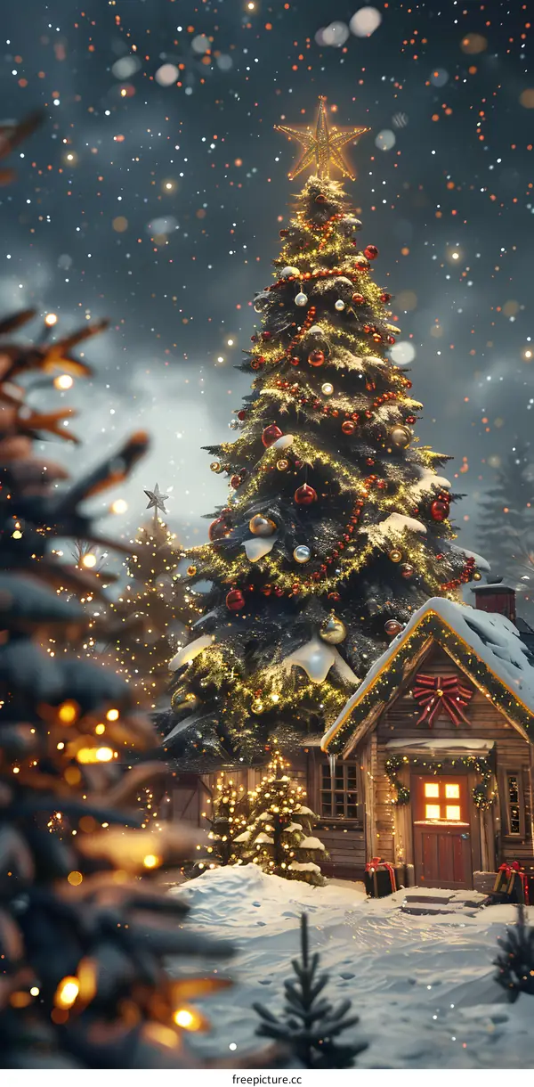 Christmas Cabin in the Snowy Night