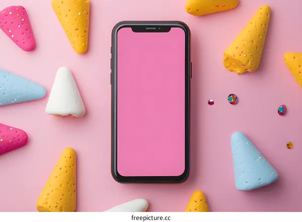 Mobile Phone Mockup with Colorful Cones and Pink Background