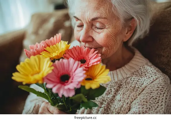 Senior Woman Enjoying a Bouquet of Flowers