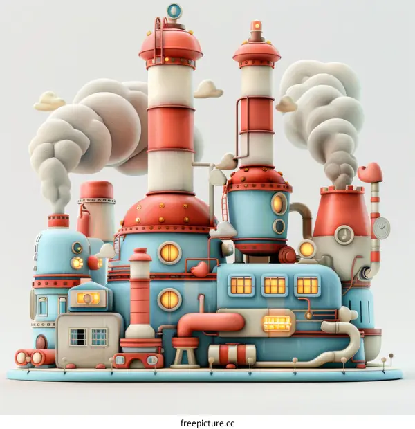 Whimsical illustration of a factory with bright colors and cartoonish details