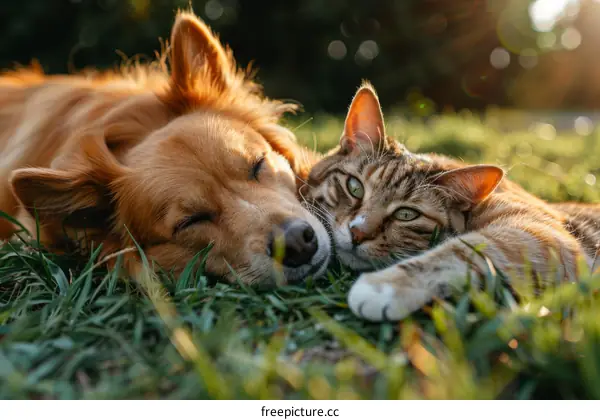 A ginger dog and a tabby cat are lying on the grass together