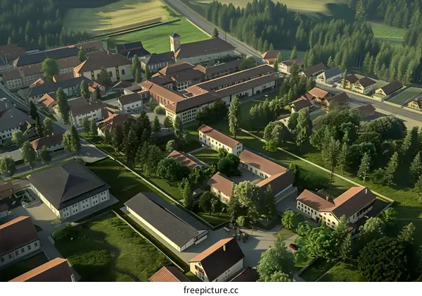 Aerial View of a European Village with Traditional Houses