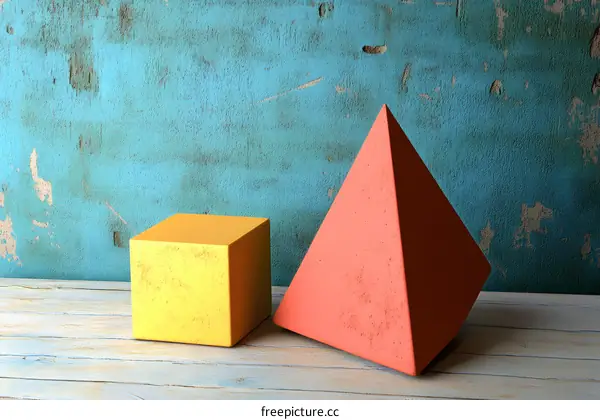 Geometric Shapes on Rustic Wooden Surface with Turquoise Background