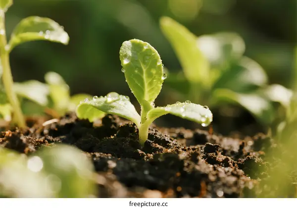 Young green seedlings growing in soil with water droplets