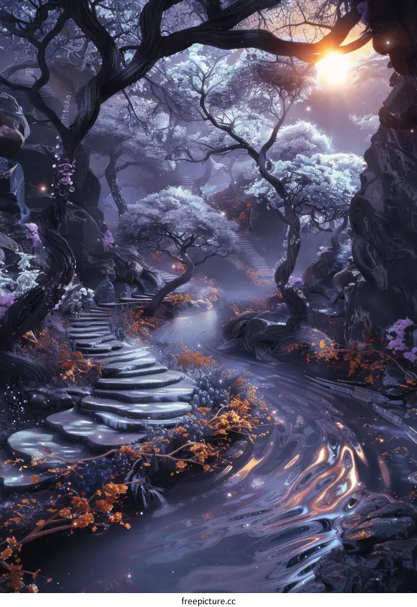 Mystical Forest Path with Distant Light