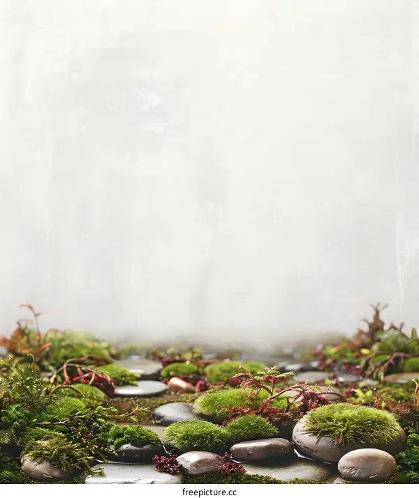 Green Moss and Stones on a White Background