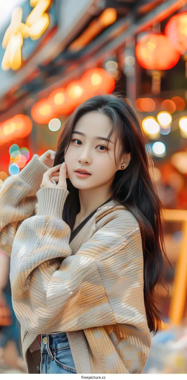 Young Asian Woman Posing in Knitted Sweater and Jeans with Blurred Background of Red Lanterns