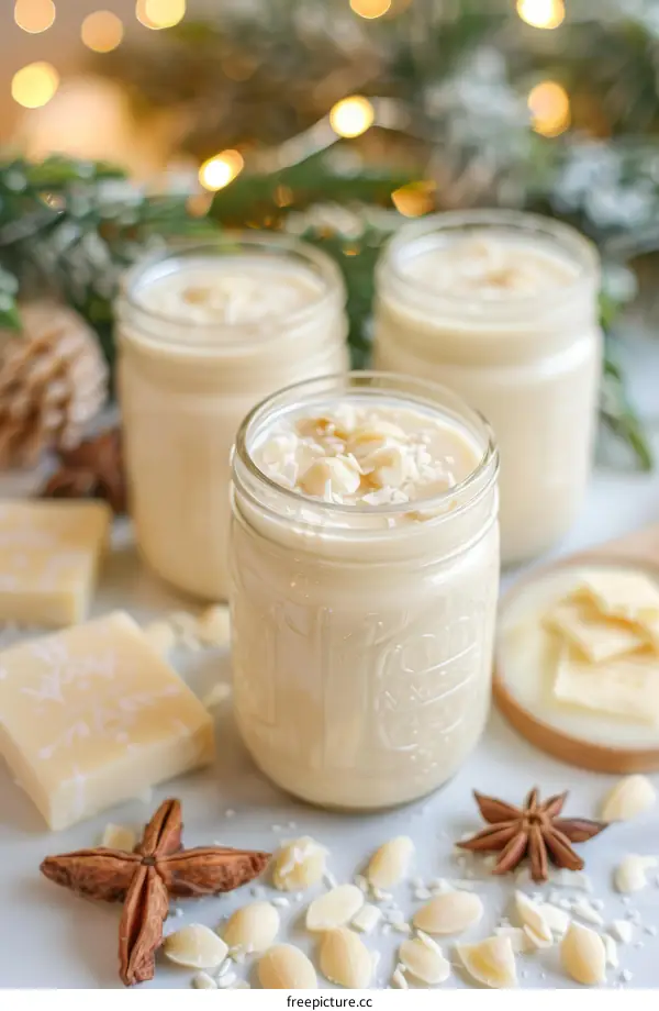 Three Homemade White Chocolate Drinks with Anise and White Chocolate Shavings