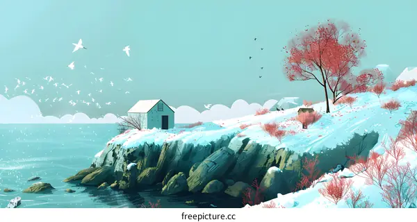 Winter Landscape With A Small House And Red Trees