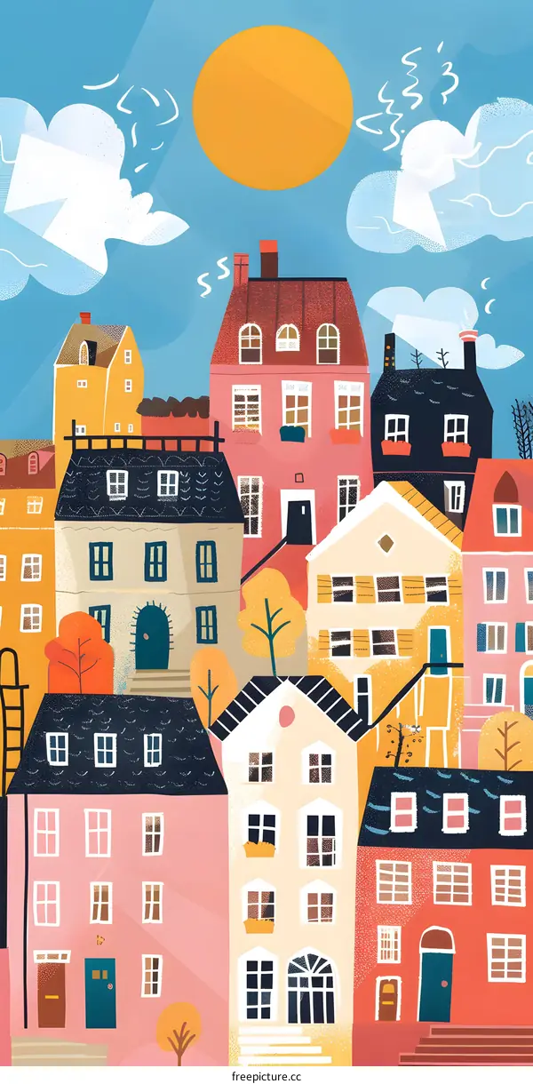 Colorful Illustration of Houses and Sun