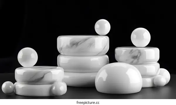 White Marble Geometric Shapes On Black Background