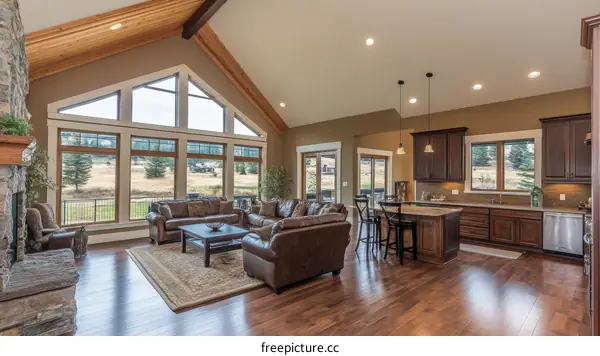 Modern Open-Concept Living Room and Kitchen with Panoramic Views