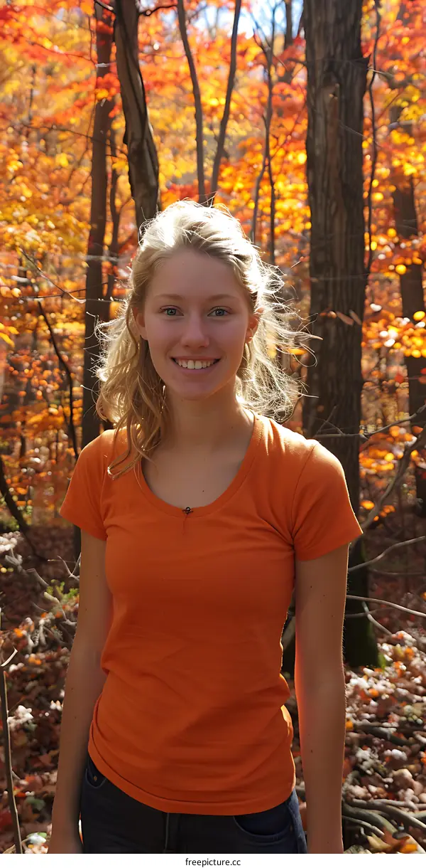 Smiling Woman in an Orange Shirt Standing in a Forest with Fall Foliage