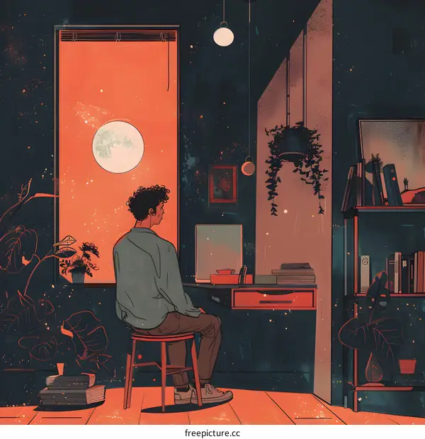 Man Sitting by Window at Night with Full Moon