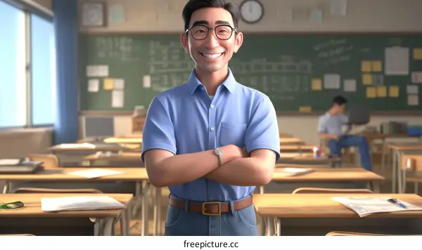 Asian male teacher standing in a classroom