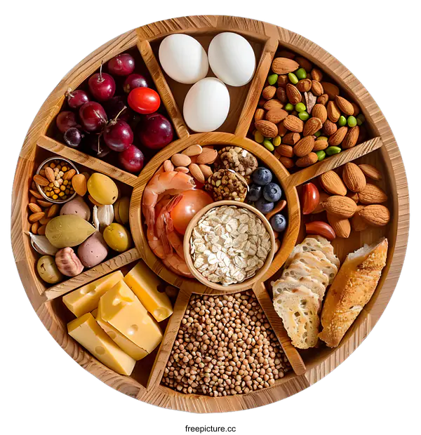 [Transparent Background PNG]Healthy Food Tray With Cheese, Eggs, Almond, Cherry, Bread And Oats