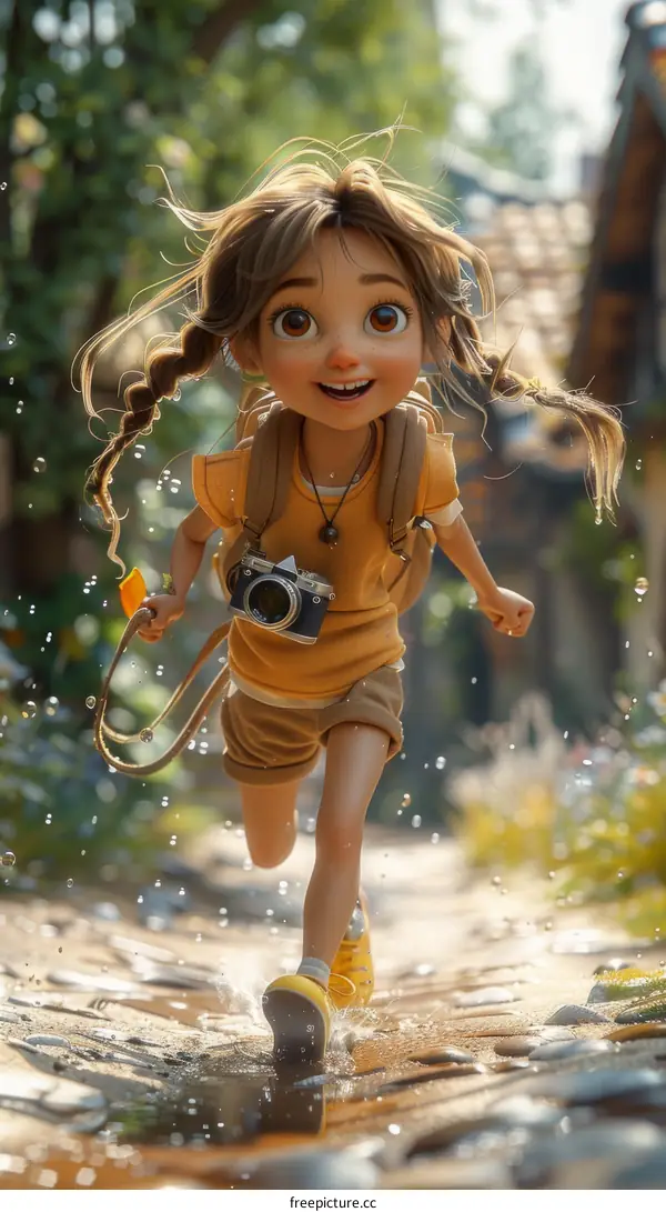 Little girl with a camera running through the rain