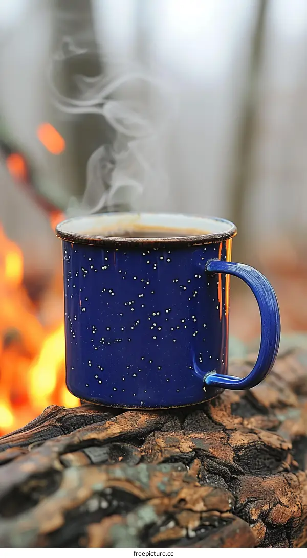 Blue Enamel Mug by a Campfire