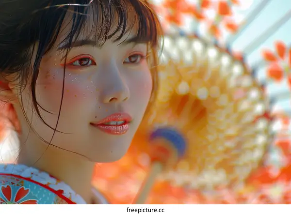 Portrait of a young Japanese woman in traditional kimono with orange umbrella