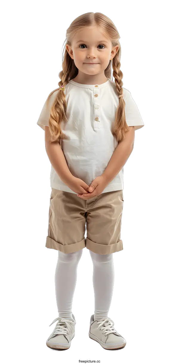 [Transparent Background PNG]Little girl with blond hair and blue eyes wearing white shirt and brown shorts