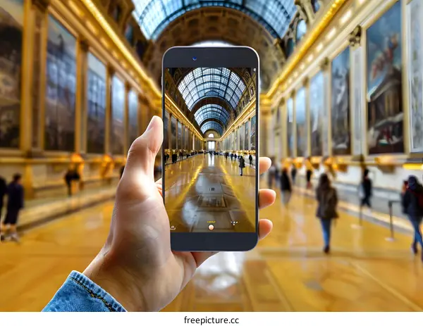 Hand Holding Smartphone Taking Photo of Museum Interior