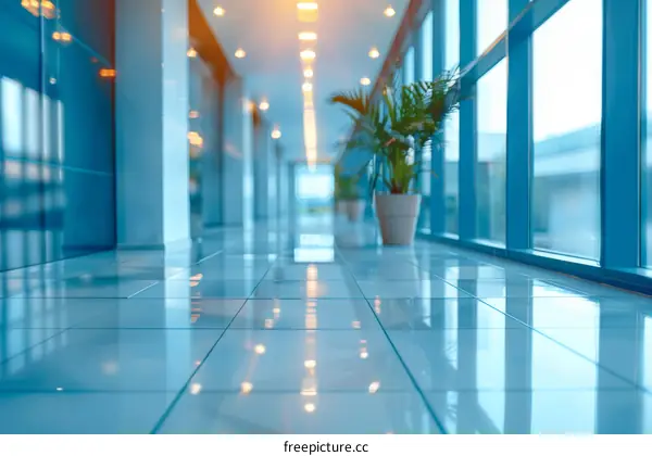 Blue and white empty hallway with potted plant
