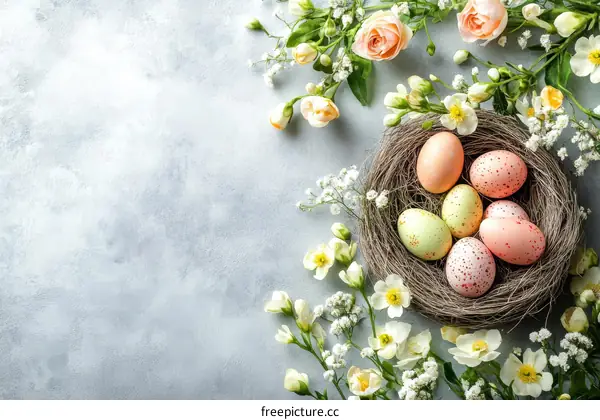 Easter Eggs in a Nest with Flowers