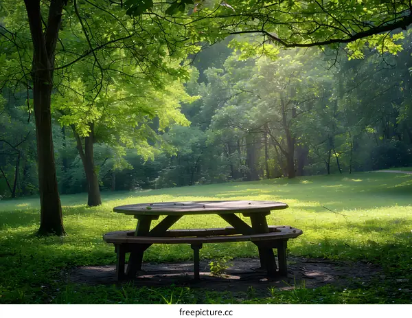 An empty picnic table sits in a clearing in the woods