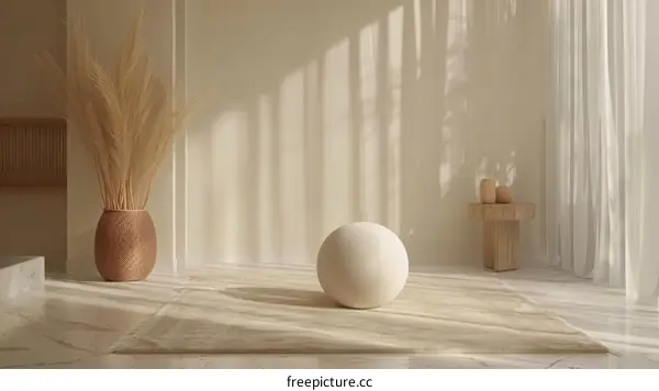 Modern Minimalist Interior with Sunlight and Large Sphere