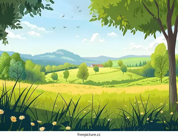 Green Meadow with Mountain Landscape