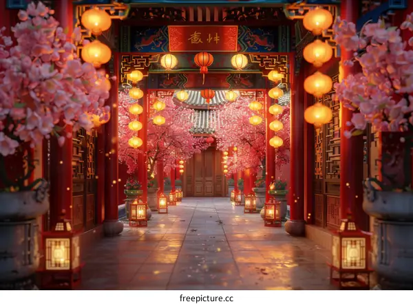 Chinese courtyard with red lanterns and pink cherry blossoms
