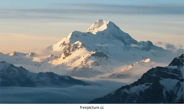 Snow-Covered Mountain Peak Against Clear Sky During Sunrise