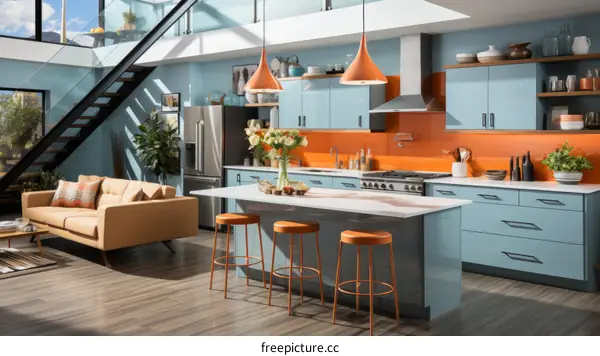 Luxurious Blue and Orange Kitchen with Island and Appliances