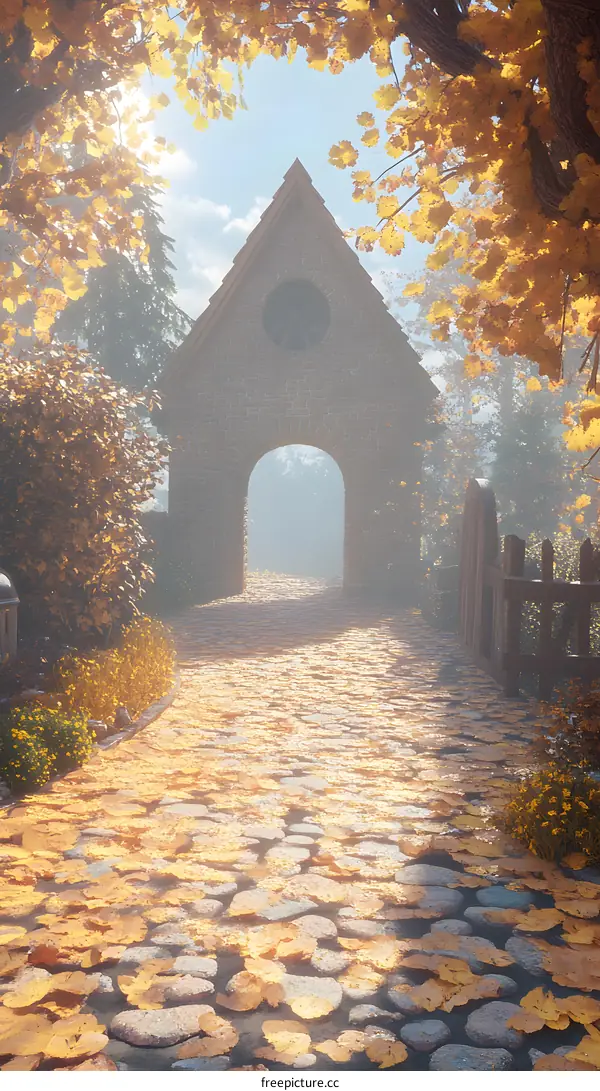 Stone Archway Leading to a Pathway with Golden Autumn Leaves
