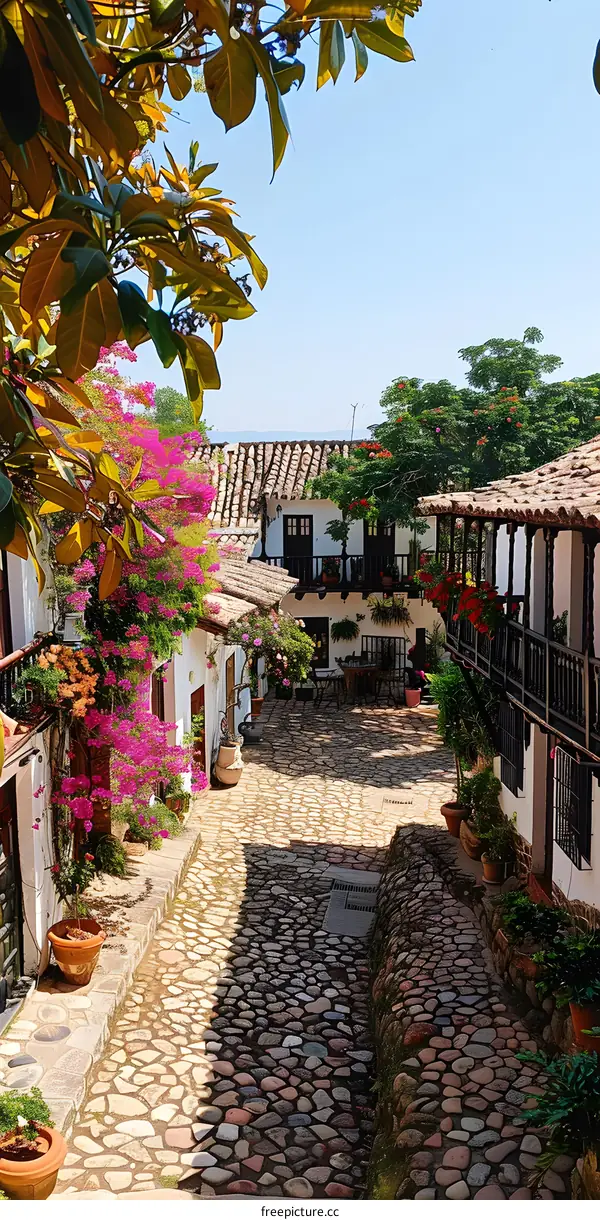 Cobblestone Street in a  Colonial Village in South America