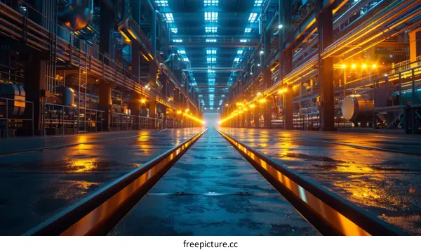 Futuristic Factory Interior with Glowing Lights
