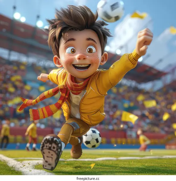 Young Boy Playing Soccer in Stadium