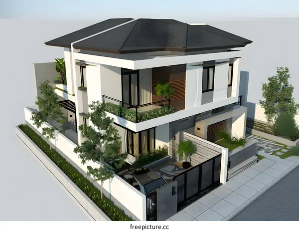 Modern Two Story Home Design with Balcony and Yard